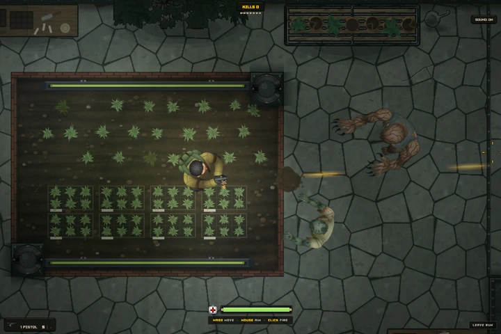 In-game: a survivor fires from the greenhouse planting beds at a big-handed infected