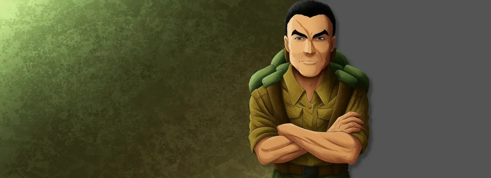 Kyle Remington, arms crossed in olive fatigues